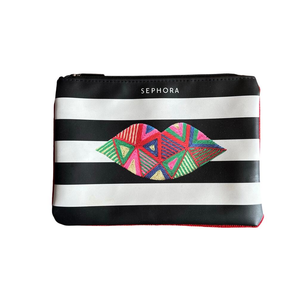 Sephora Make Up Pouch Black and White Stripes Lips
